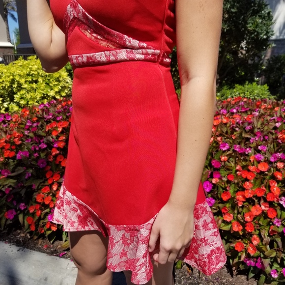 Red Tan Lace Skater Dress with Lace Back - Picture 5 of 7